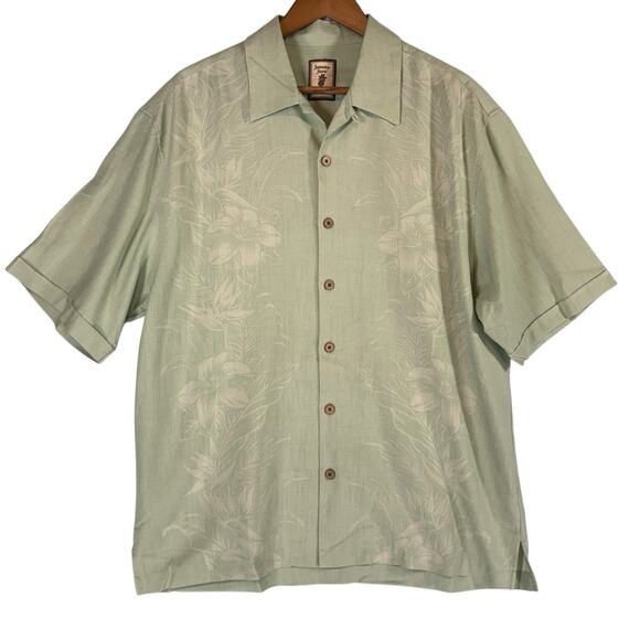 JAMAICA JAXX Mens 100% Silk SIZE LARGE Palm Hawaiian Button Camp Shirt Green - Picture 1 of 8